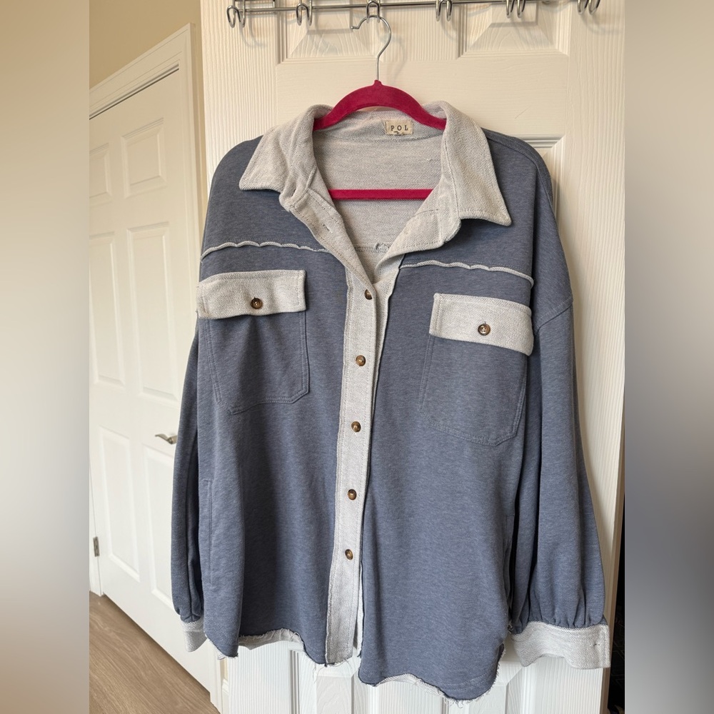 POL Two-Tone Button-Up Shirt Jacket - Blue & Light Gray Trim